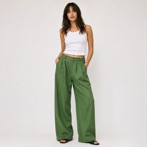 Reformation Mason Pant Green Tencel Wide Leg Pleated High Rise Trousers Size 10P